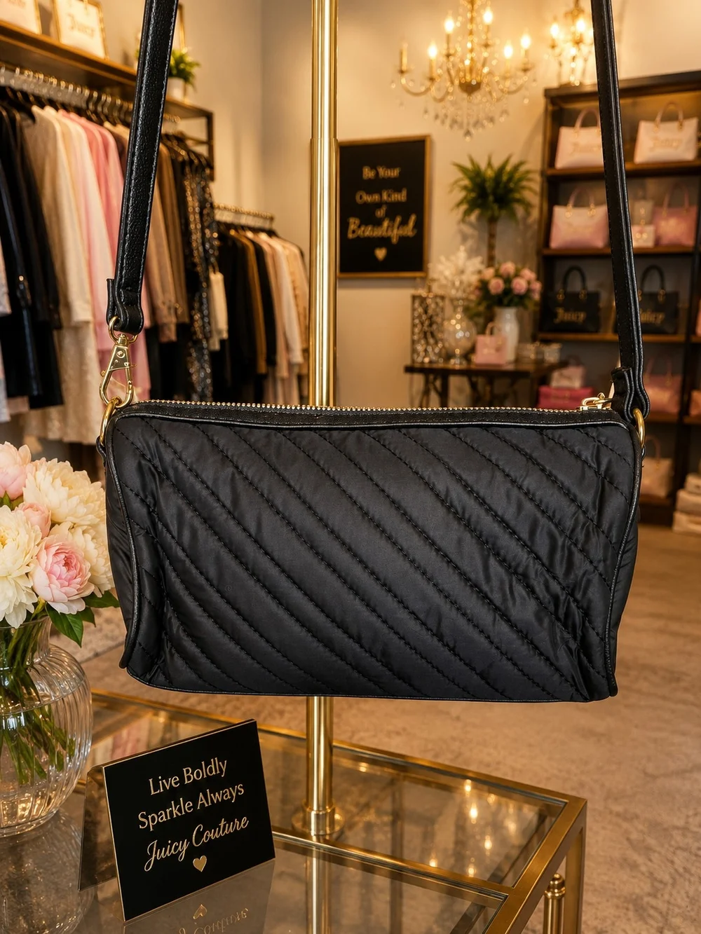 Juicy Couture Black Quilted Crossbody Bag with Gold Hardware